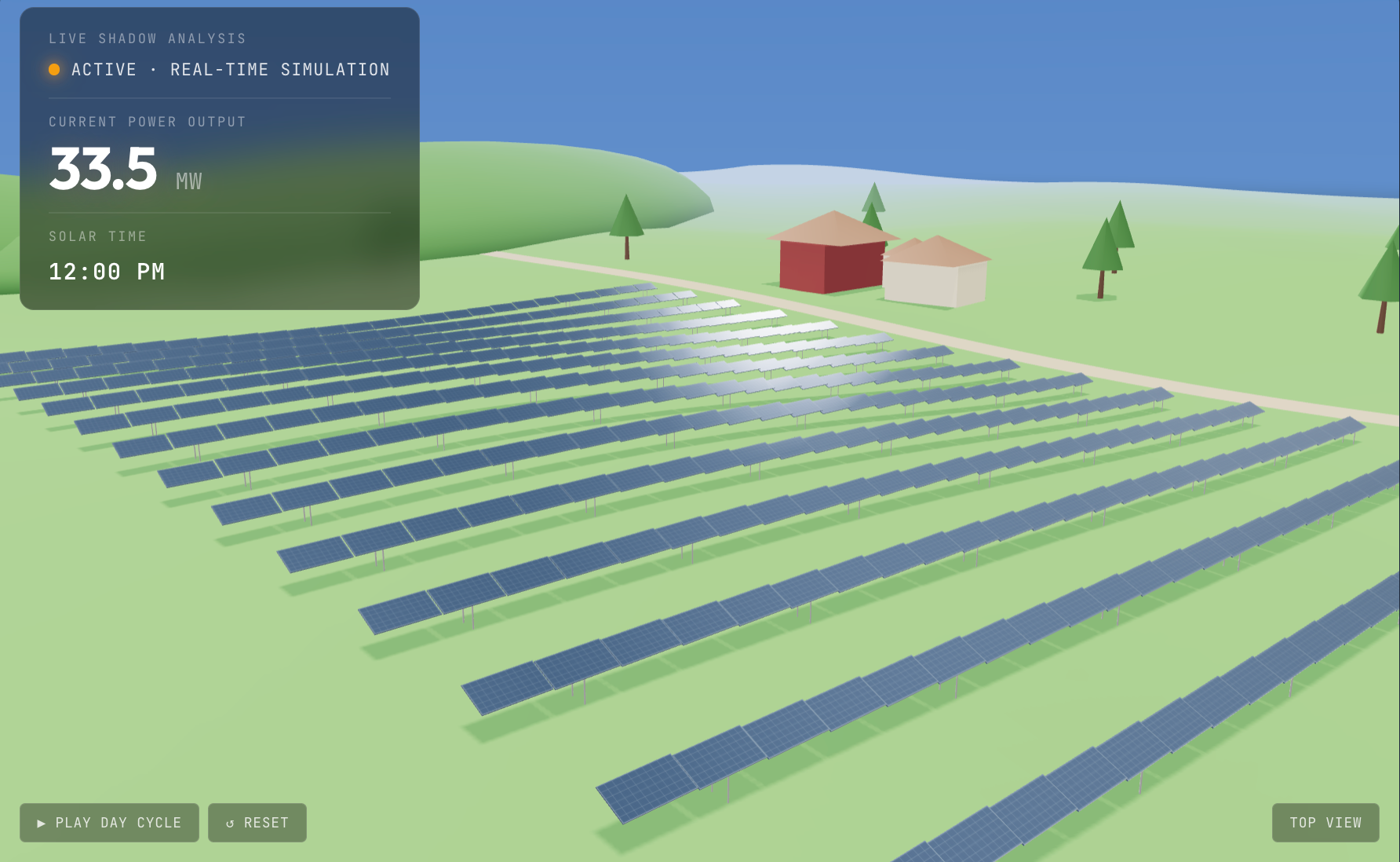 Interactive 3D solar farm site assessment — real-time shadow analysis with sun-path simulation and energy yield projections