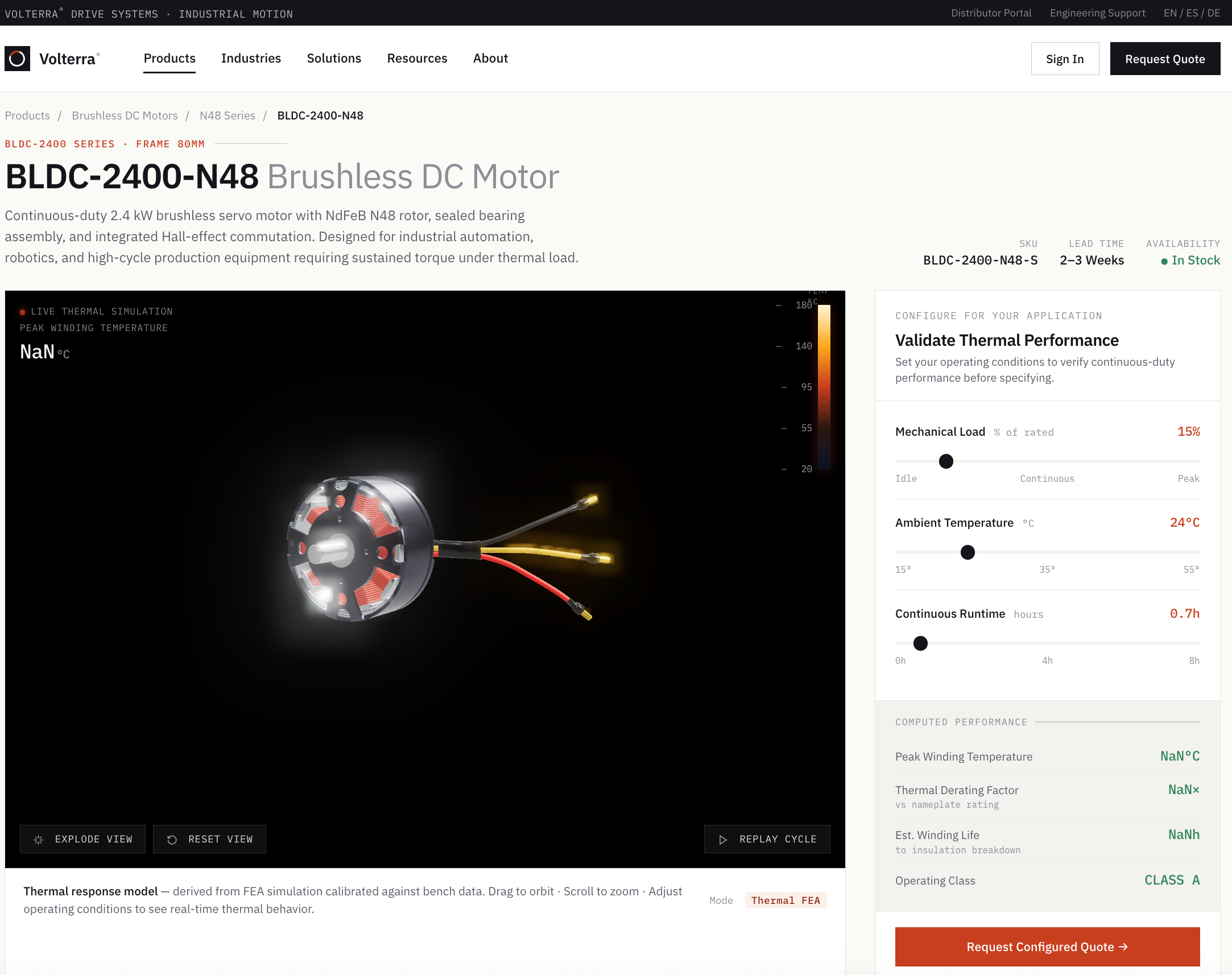 Thermal Motor Product Showcase — interactive 3D thermal visualization on an industrial motor product page